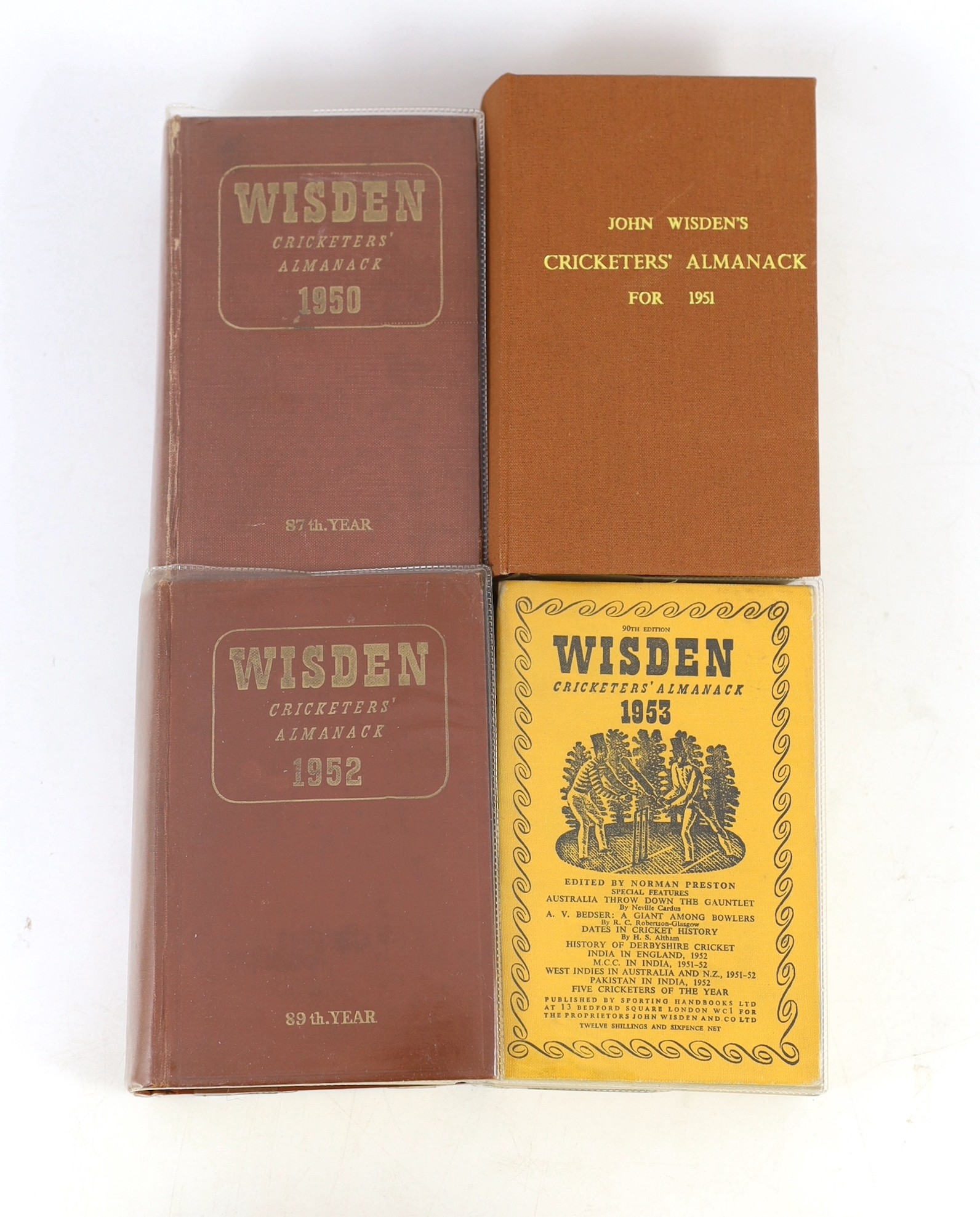 Wisden, John - Cricketers Almanack for the years 1946 (83rd edition) - 1959 (96th edition), original hardbacks for, 1946-49, 1950 and 1952, with original limp cloth wrappers for, 1949, 1953-54, 1956-59, rebound issues fo